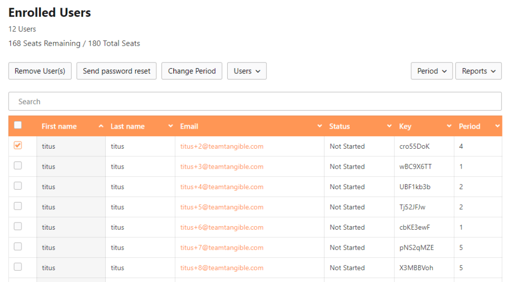 Screenshot showing a list of enrolled users with their first name, last name, email, and status, as well as the number of seats remaining out of the total number of seats.